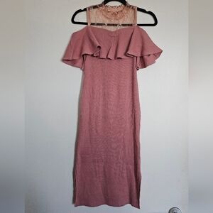 Resexxy Gyaru Japanese Ribbed High Neck Lace Midi Bodycon Dress Mauve Pink